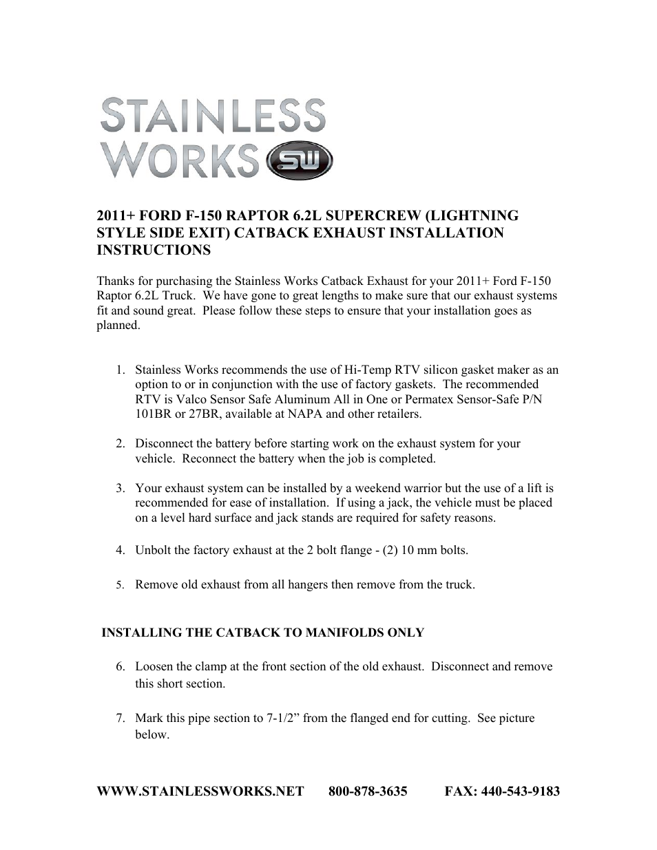 Stainless Works Ford Raptor 2011+ 6.2L Lightning Exhaust User Manual | 3 pages