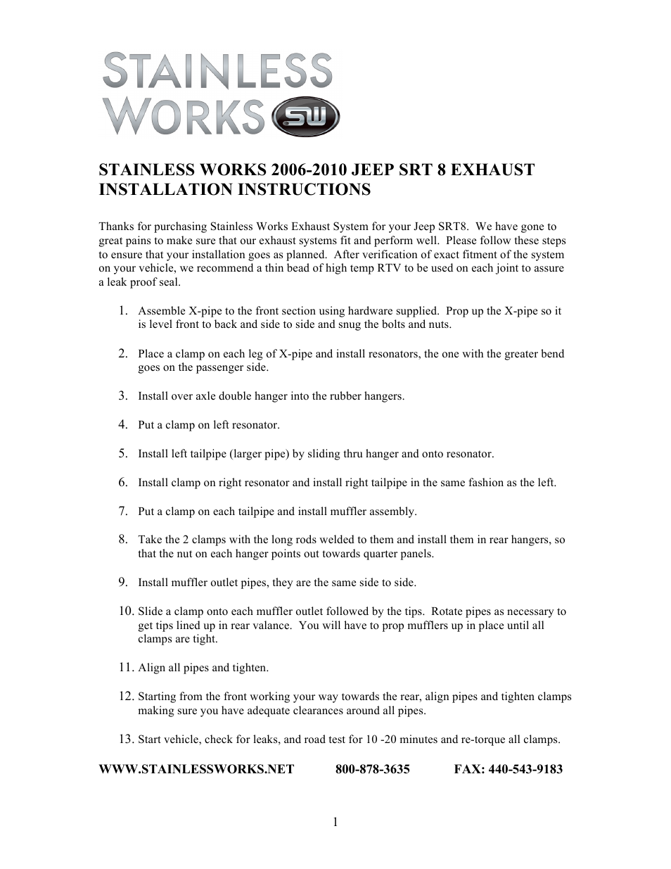 Stainless Works Jeep Grand Cherokee 2006-2010 Exhausts User Manual | 1 page