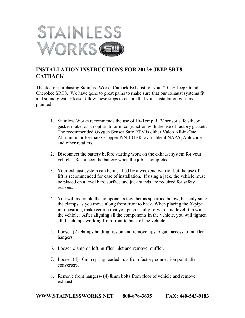 Stainless Works Jeep Grand Cherokee SRT8 2012-14 Exhausts User Manual | 3 pages