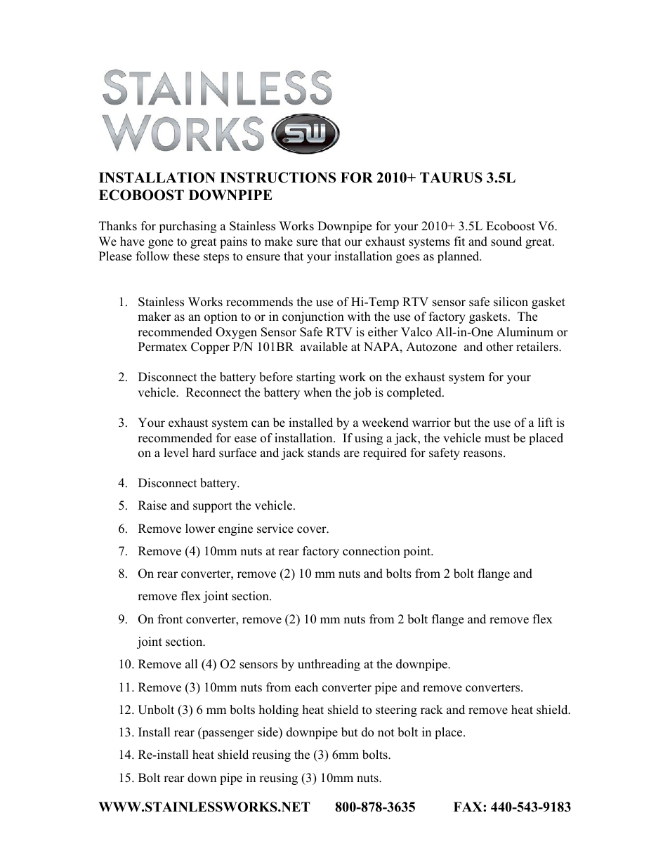 Stainless Works Ford Taurus SHO Downpipe User Manual | 2 pages