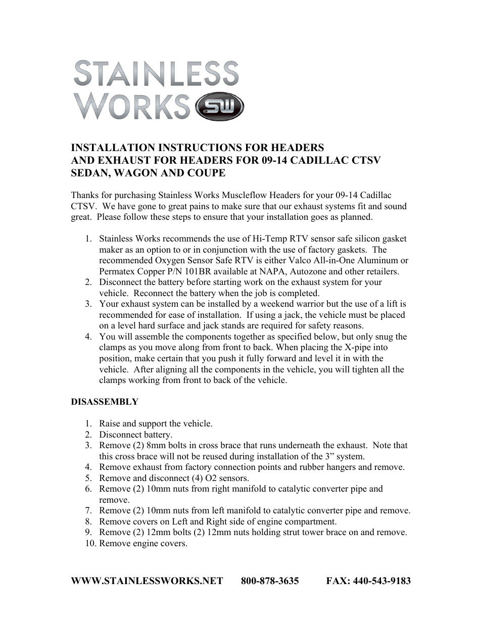 Stainless Works Cadillac CTS-V 2009+ Sedan & Wagon Headers User Manual | 3 pages