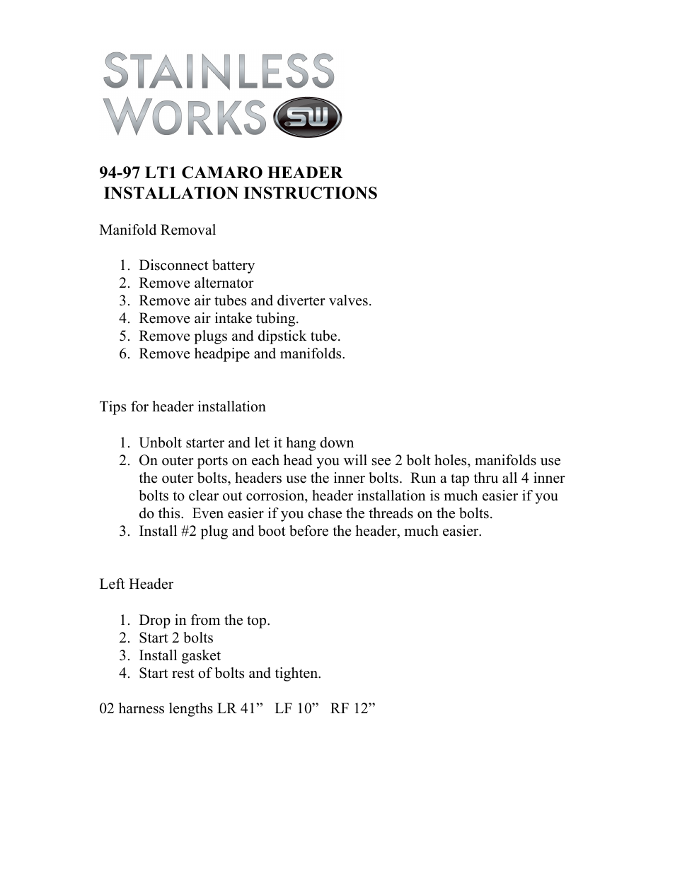 Stainless Works Chevy Camaro / Firebird 1996-97 Headers: LT1 User Manual | 2 pages