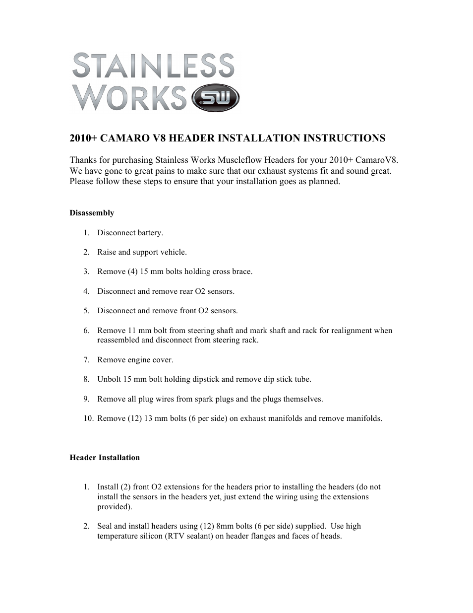 Stainless Works Chevy Camaro 6.2L 2010+ Headers User Manual | 2 pages