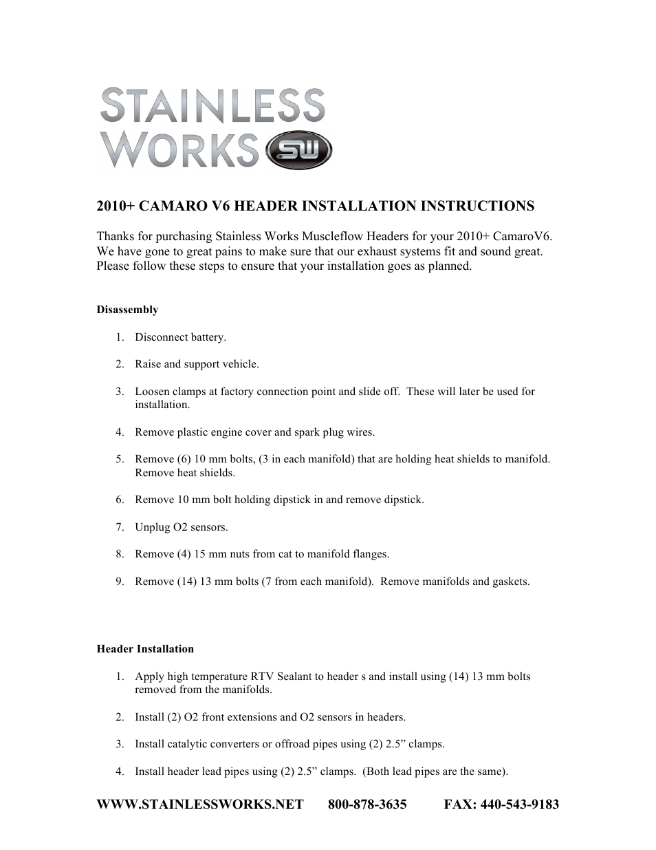Stainless Works Chevy Camaro V6 2010+ Headers User Manual | 2 pages