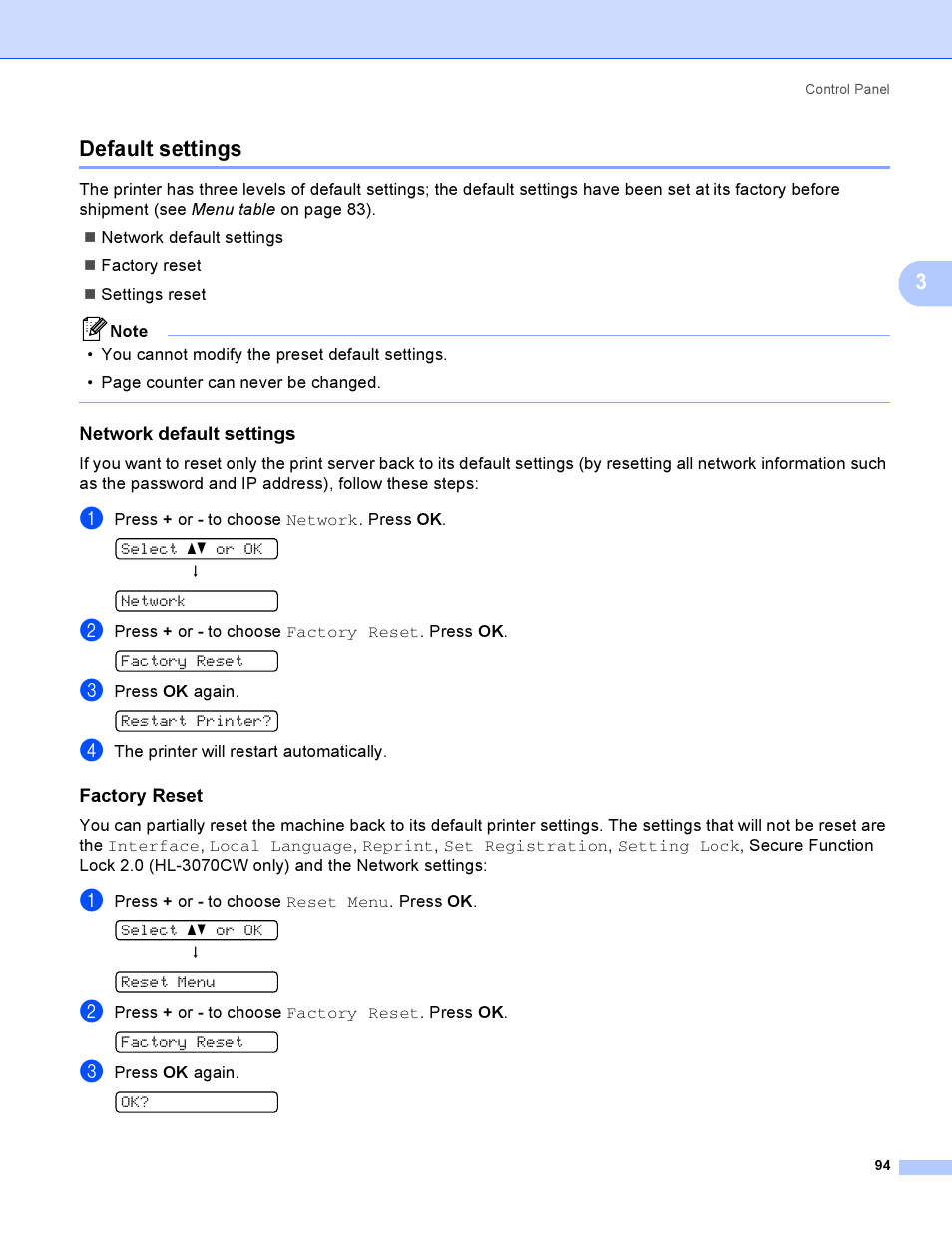 Default settings, Network default settings, Factory reset | 3default settings | Brother HL 3070CW User Manual | Page 104 / 200