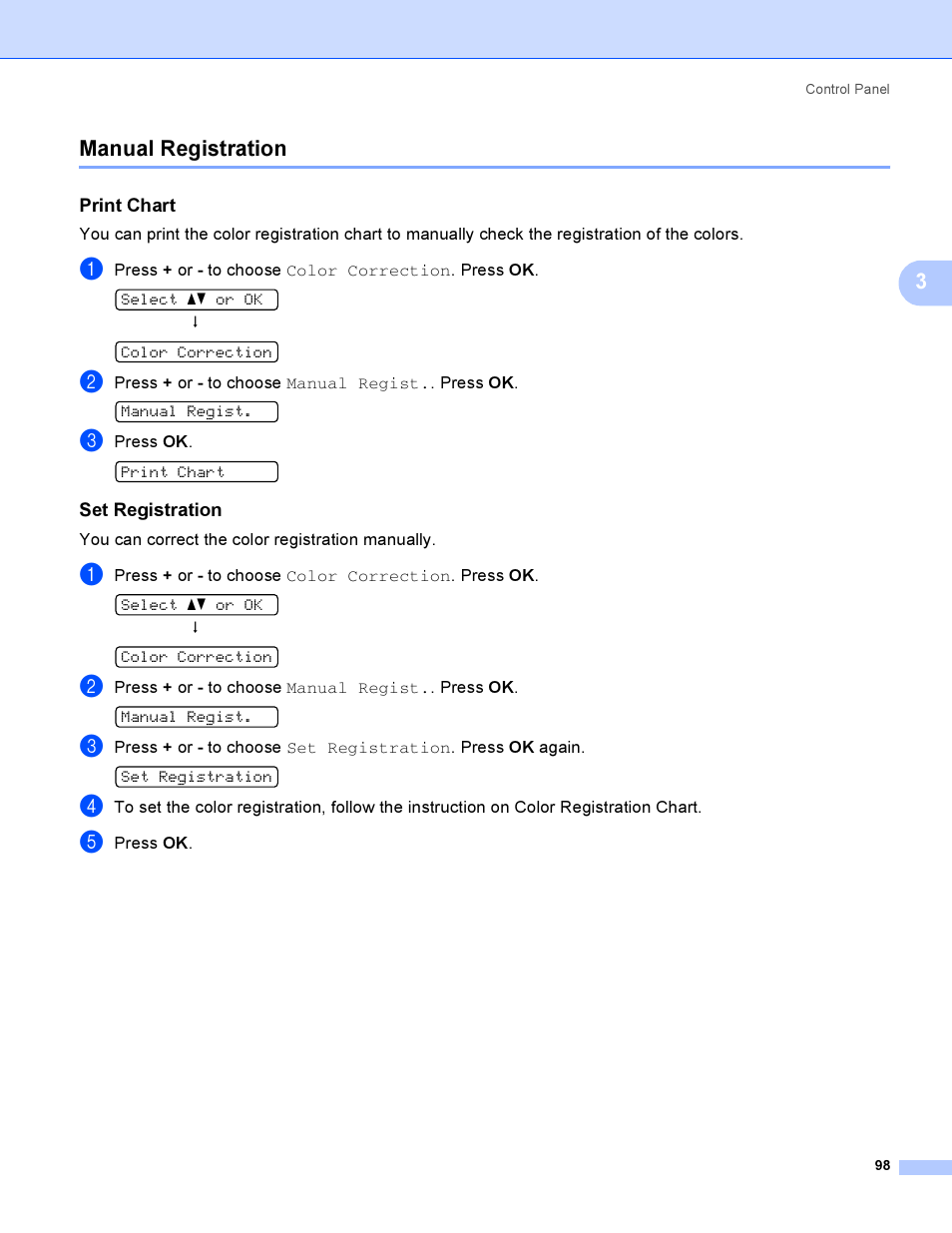 Manual registration, Print chart, Set registration | Ee manual registration, 3manual registration | Brother HL 3070CW User Manual | Page 108 / 200