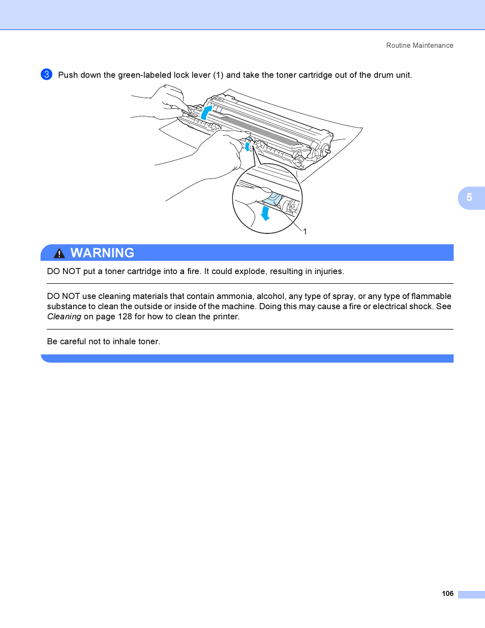 Warning, Be careful not to inhale toner | Brother HL 3070CW User Manual | Page 116 / 200