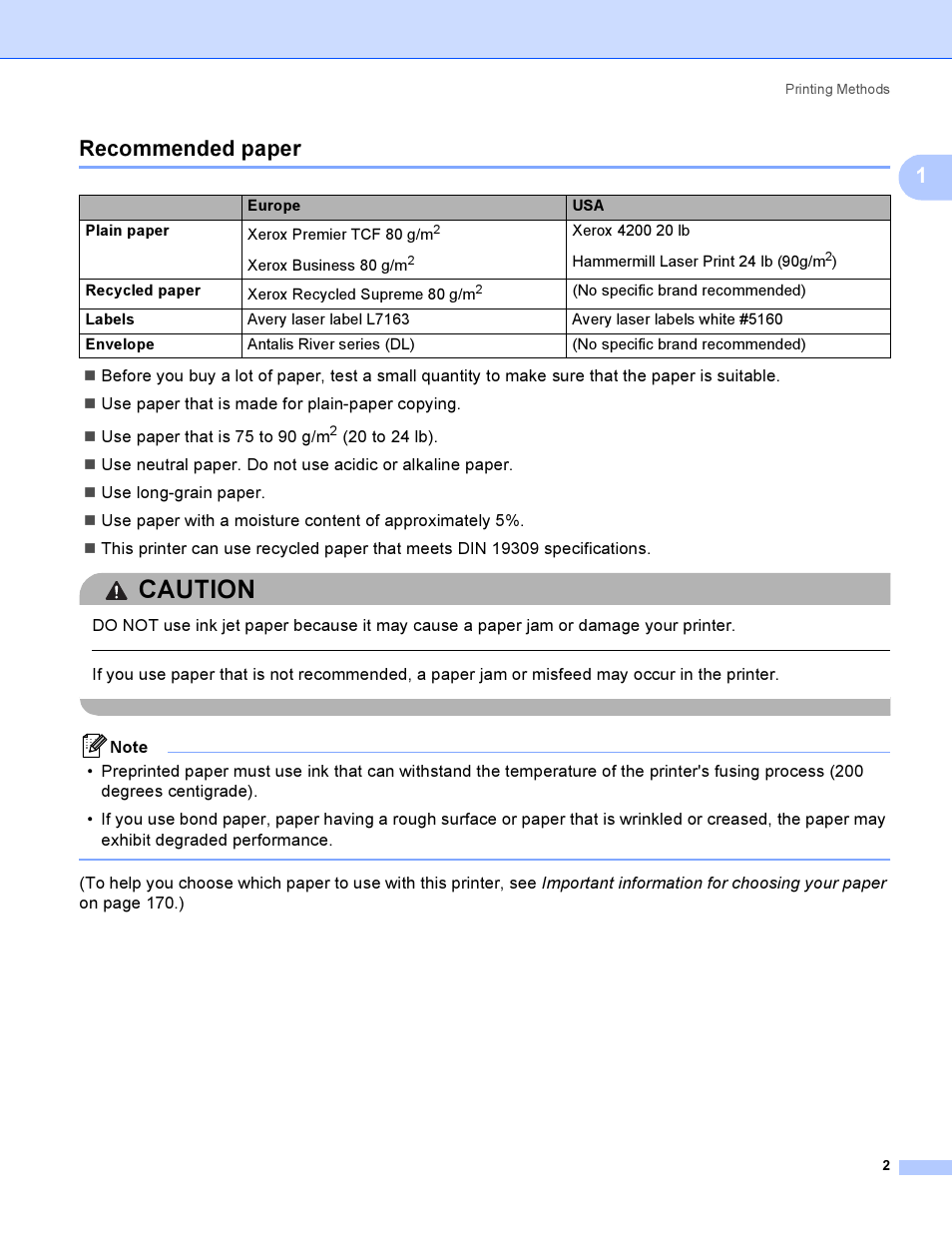 Recommended paper, Caution, 1recommended paper | Brother HL 3070CW User Manual | Page 12 / 200