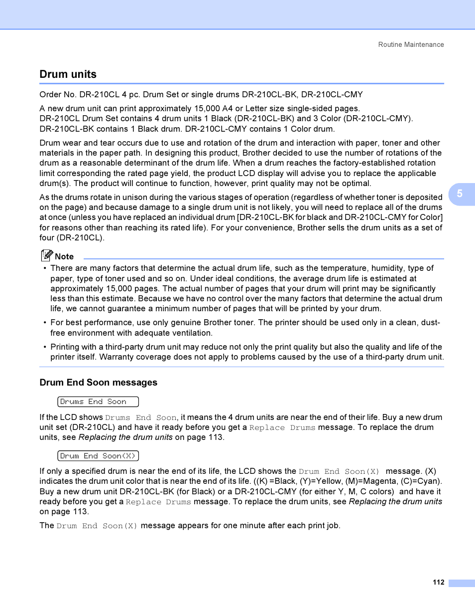 Drum units, Drum end soon messages, 5drum units | Brother HL 3070CW User Manual | Page 122 / 200