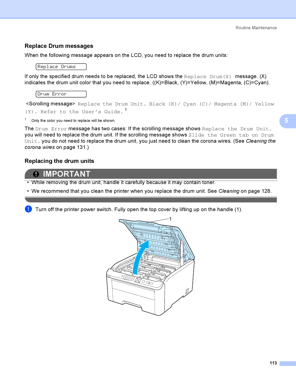 Replace drum messages, Replacing the drum units, Important | Brother HL 3070CW User Manual | Page 123 / 200