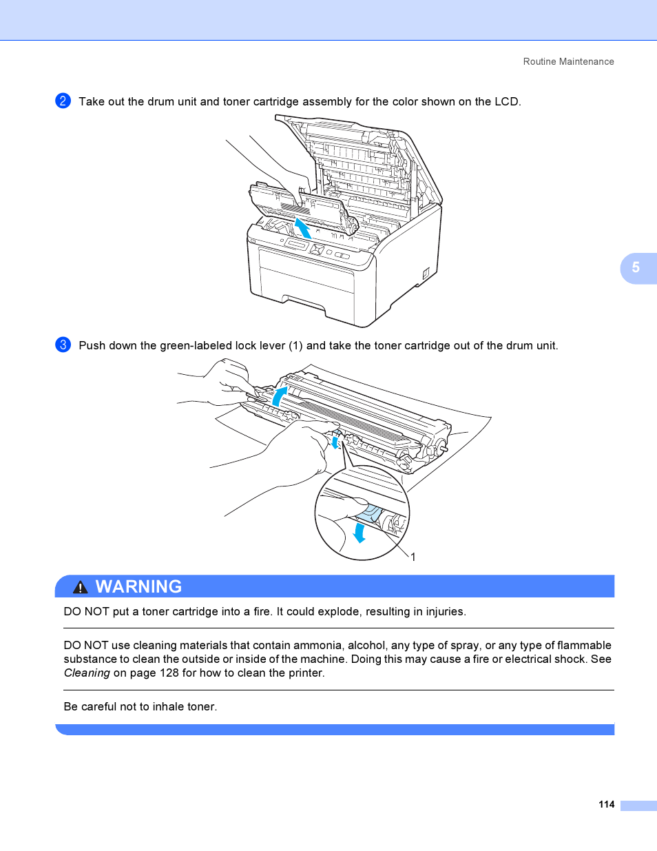 Warning, Be careful not to inhale toner | Brother HL 3070CW User Manual | Page 124 / 200