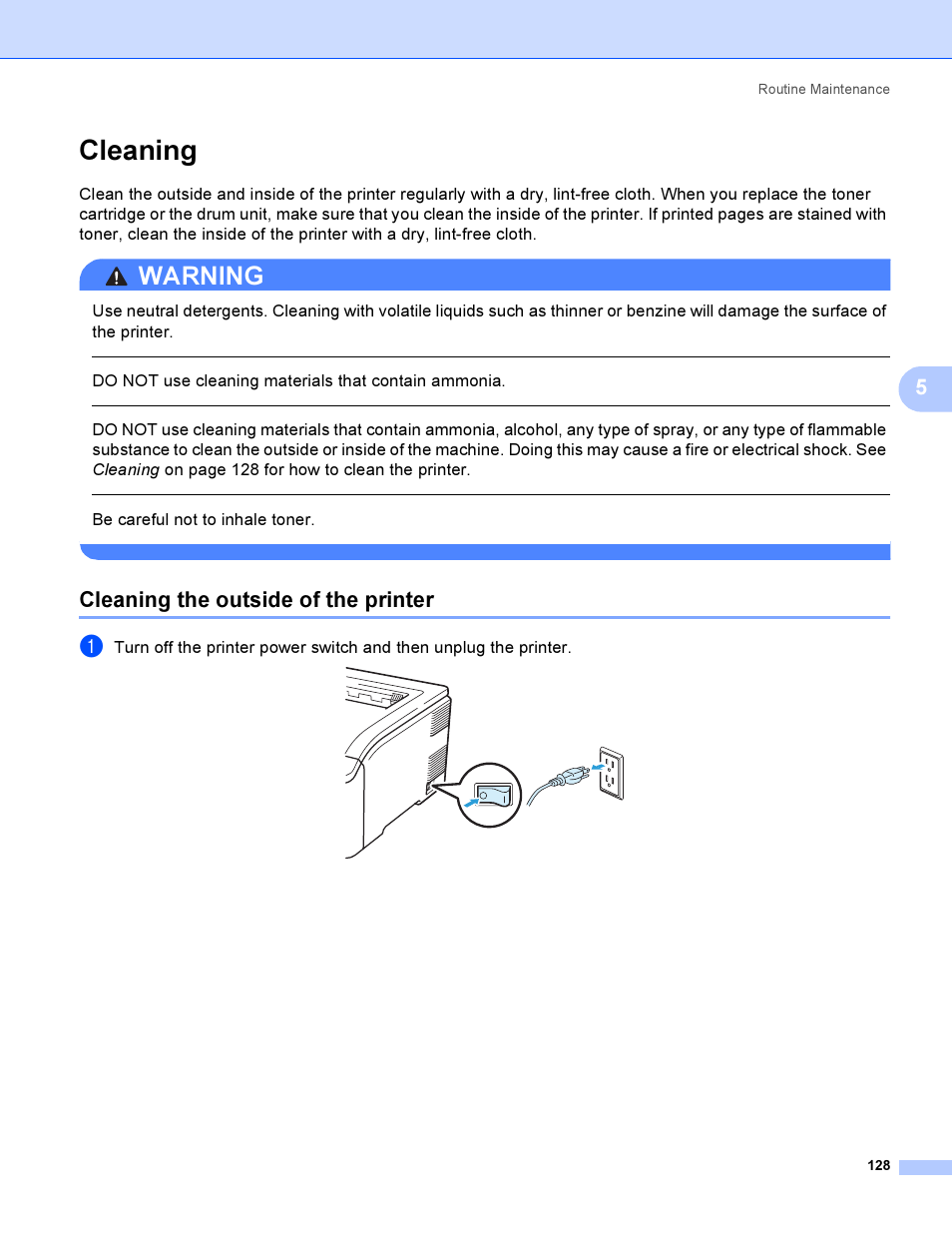 Cleaning, Cleaning the outside of the printer, Warning | Do not use cleaning materials that contain ammonia, Be careful not to inhale toner | Brother HL 3070CW User Manual | Page 138 / 200