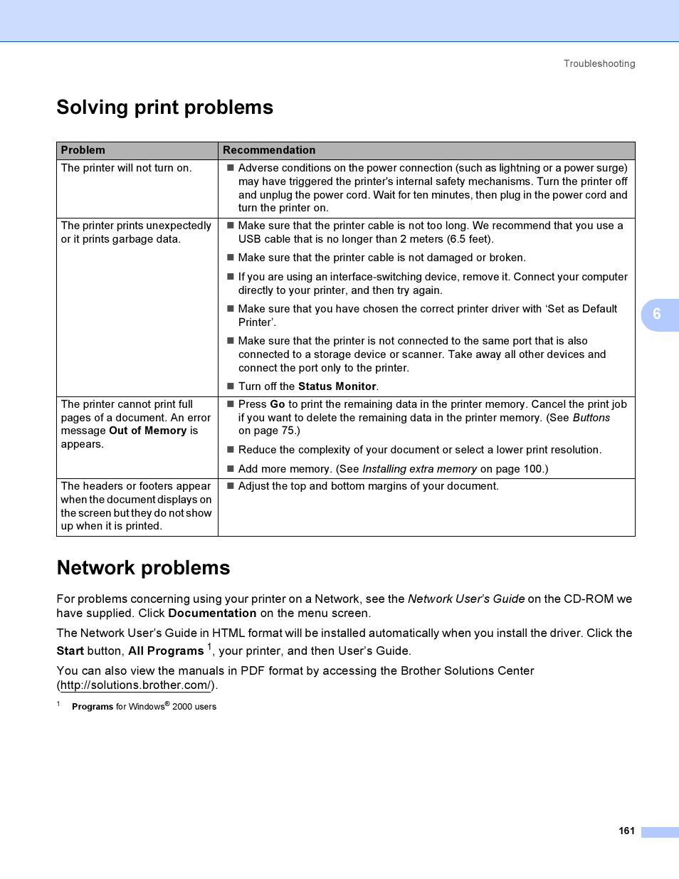 Solving print problems, Network problems | Brother HL 3070CW User Manual | Page 171 / 200