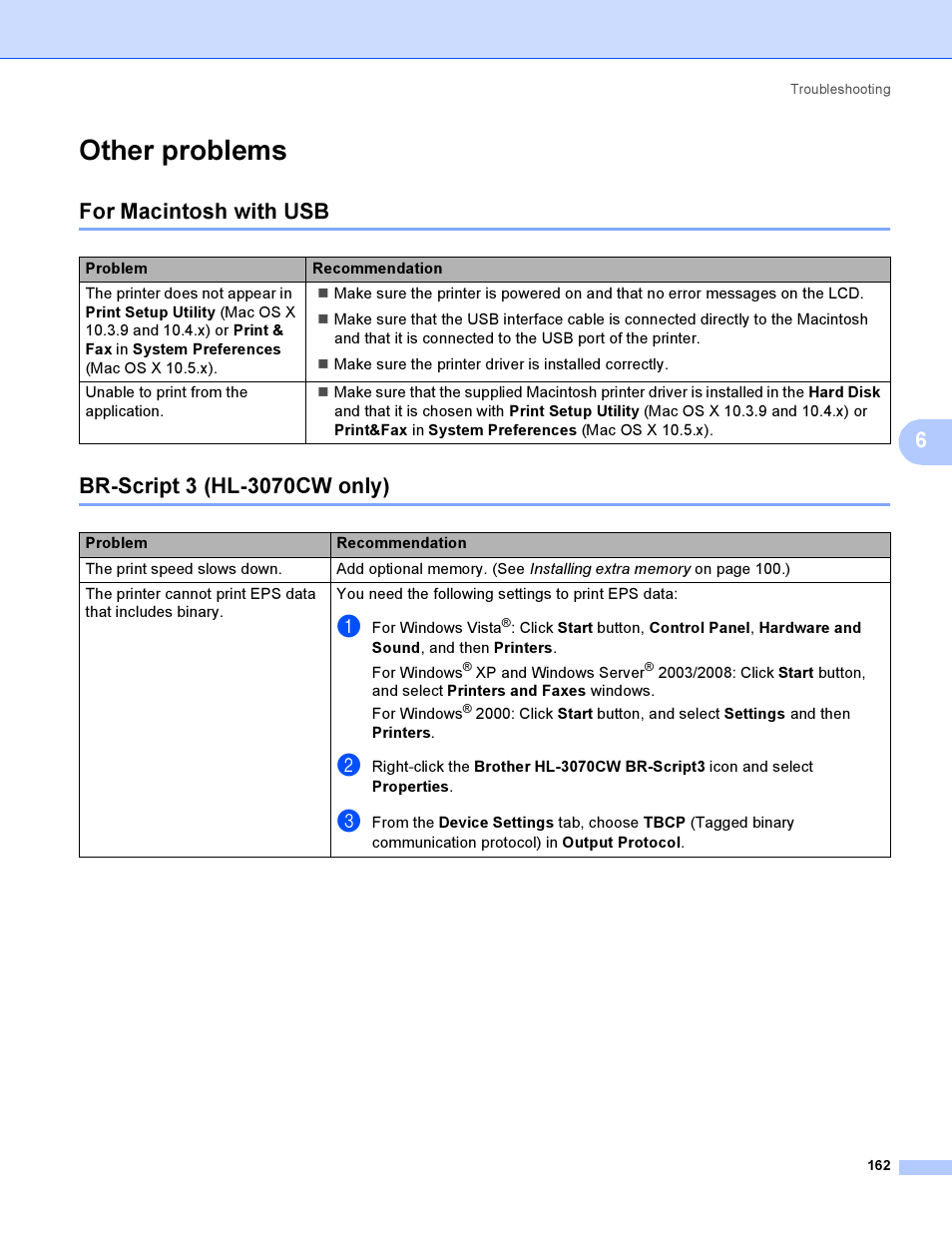 Other problems, For macintosh with usb, Br-script 3 (hl-3070cw only) | Brother HL 3070CW User Manual | Page 172 / 200