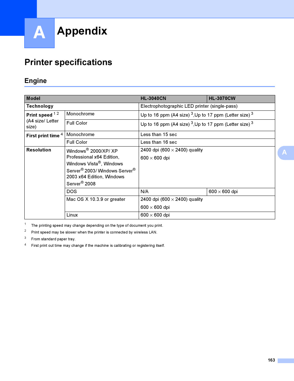 Appendix a, Printer specifications, Engine | Appendix | Brother HL 3070CW User Manual | Page 173 / 200