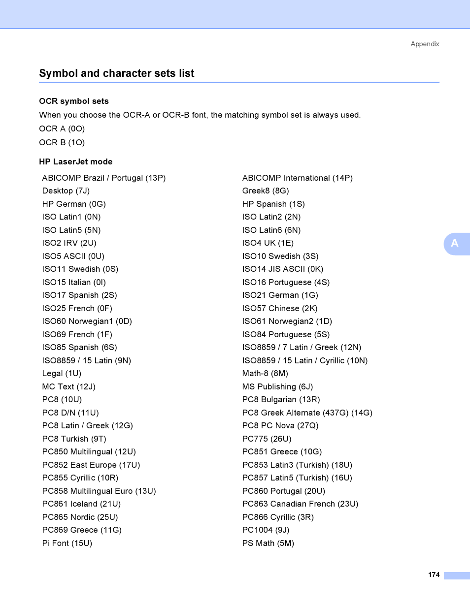 Symbol and character sets list, Asymbol and character sets list | Brother HL 3070CW User Manual | Page 184 / 200