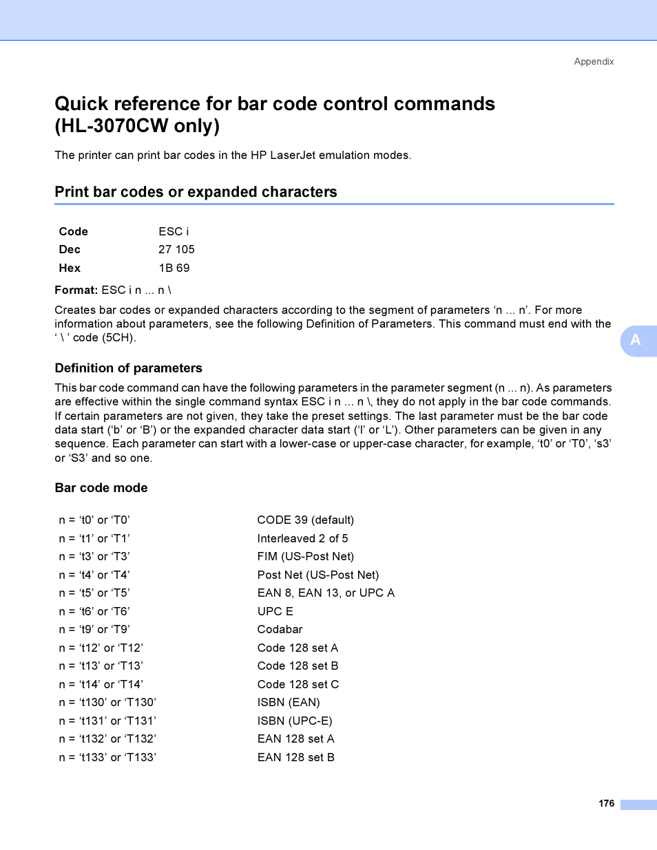 Print bar codes or expanded characters, Definition of parameters, Bar code mode | Quick reference for bar code control commands, Hl-3070cw only) | Brother HL 3070CW User Manual | Page 186 / 200