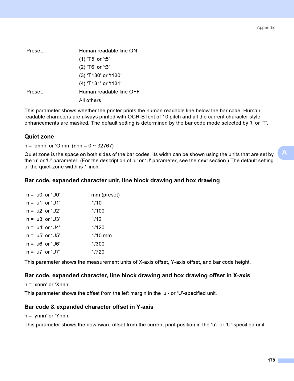 Quiet zone, Bar code & expanded character offset in y-axis | Brother HL 3070CW User Manual | Page 188 / 200