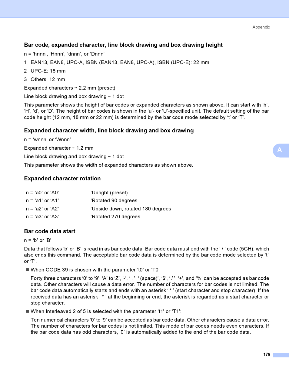 Expanded character rotation, Bar code data start | Brother HL 3070CW User Manual | Page 189 / 200