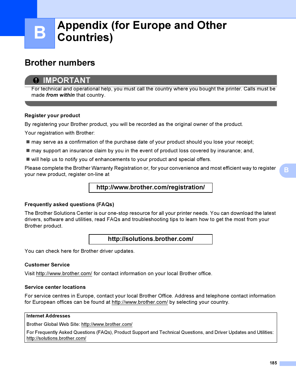 Appendix b (for europe and other countries), Brother numbers, Appendix (for europe and other countries) | Important | Brother HL 3070CW User Manual | Page 195 / 200