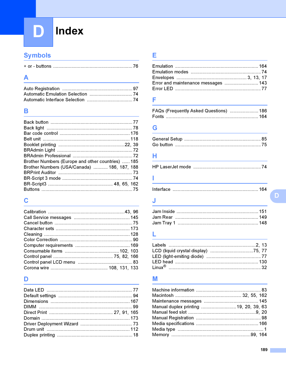 Index, Dsymbols | Brother HL 3070CW User Manual | Page 199 / 200