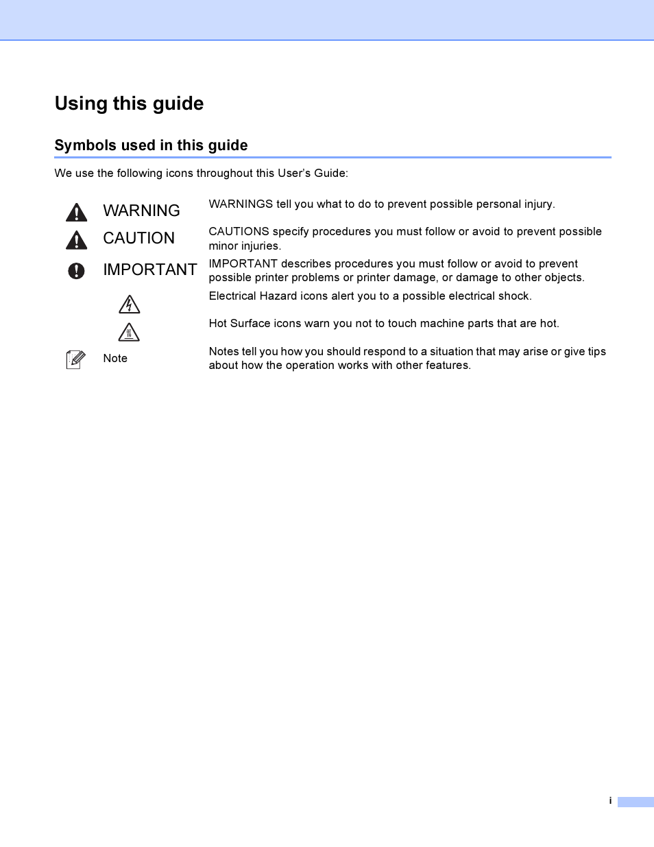 Using this guide, Symbols used in this guide, Warning | Caution, Important | Brother HL 3070CW User Manual | Page 2 / 200