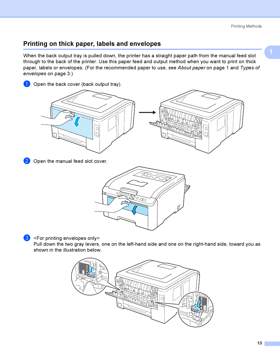 Printing on thick paper, labels and envelopes, 1printing on thick paper, labels and envelopes | Brother HL 3070CW User Manual | Page 23 / 200