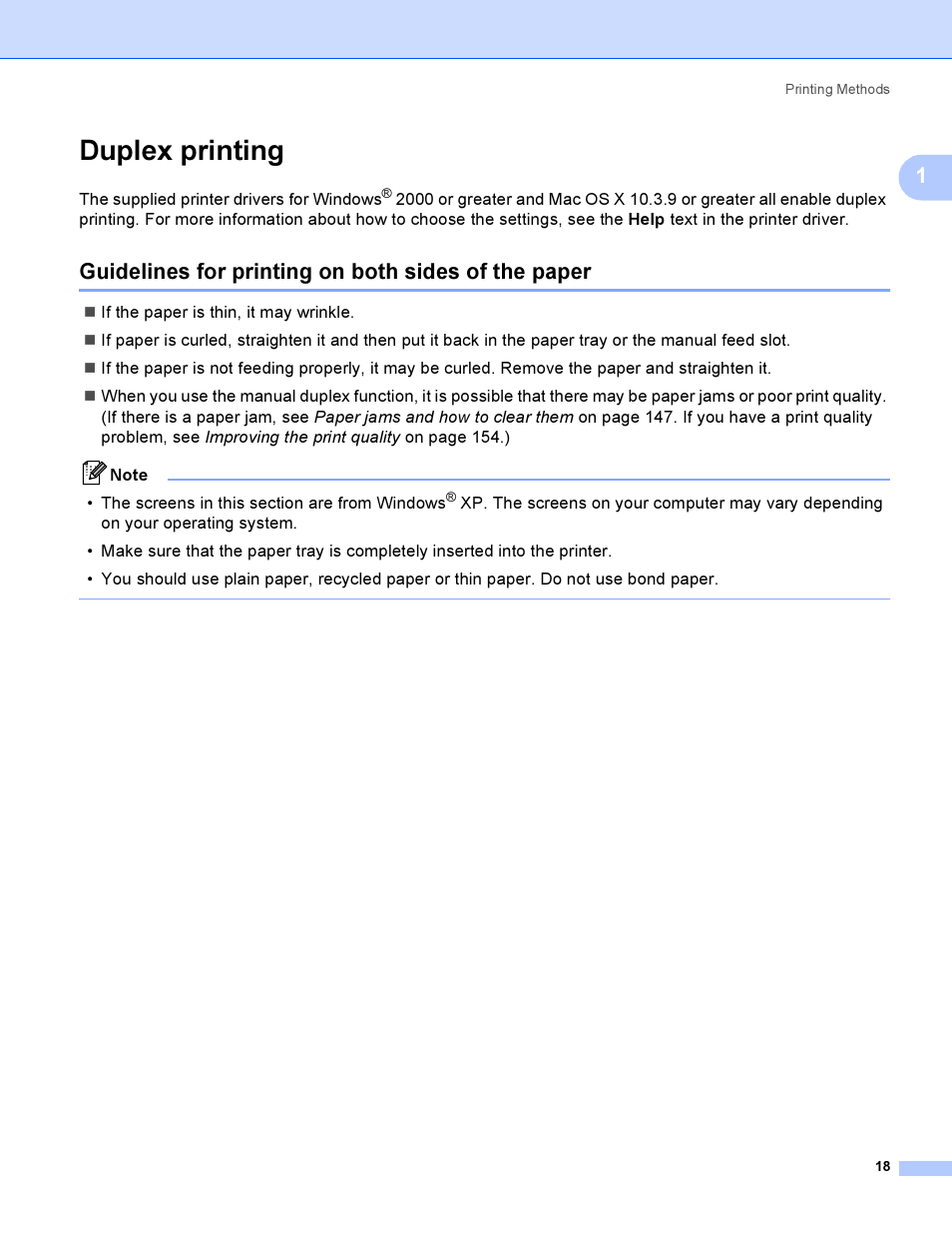 Duplex printing, Guidelines for printing on both sides of the paper | Brother HL 3070CW User Manual | Page 28 / 200