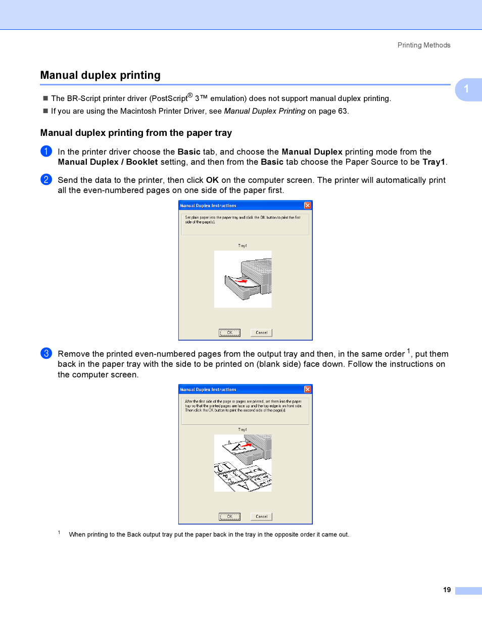 Manual duplex printing, Manual duplex printing from the paper tray, 1manual duplex printing | Brother HL 3070CW User Manual | Page 29 / 200