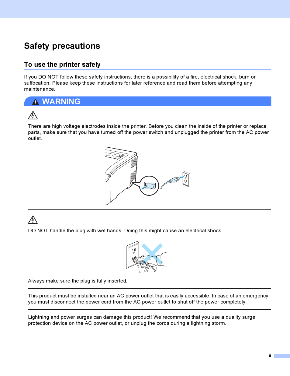 Safety precautions, To use the printer safely, Warning | Always make sure the plug is fully inserted | Brother HL 3070CW User Manual | Page 3 / 200