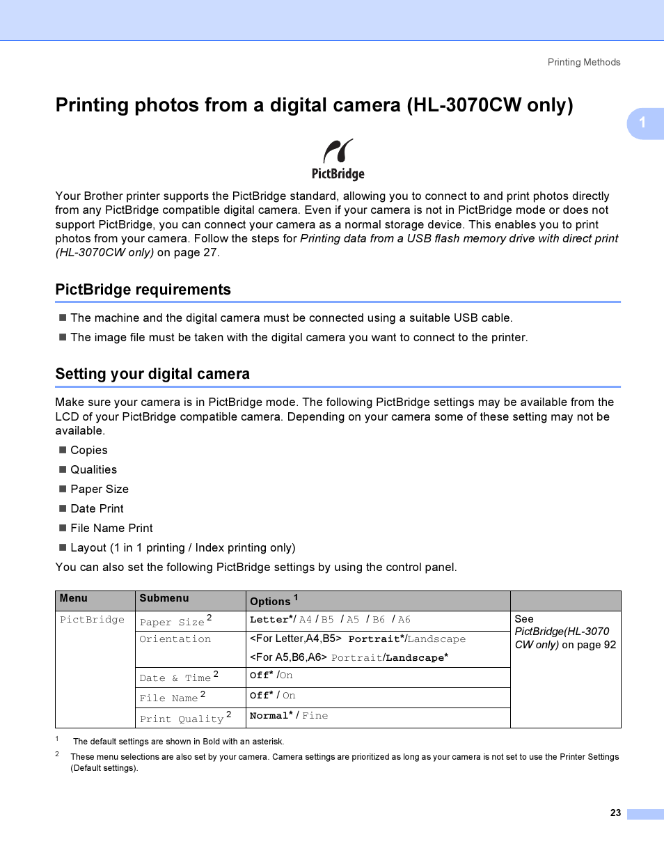 Pictbridge requirements, Setting your digital camera | Brother HL 3070CW User Manual | Page 33 / 200