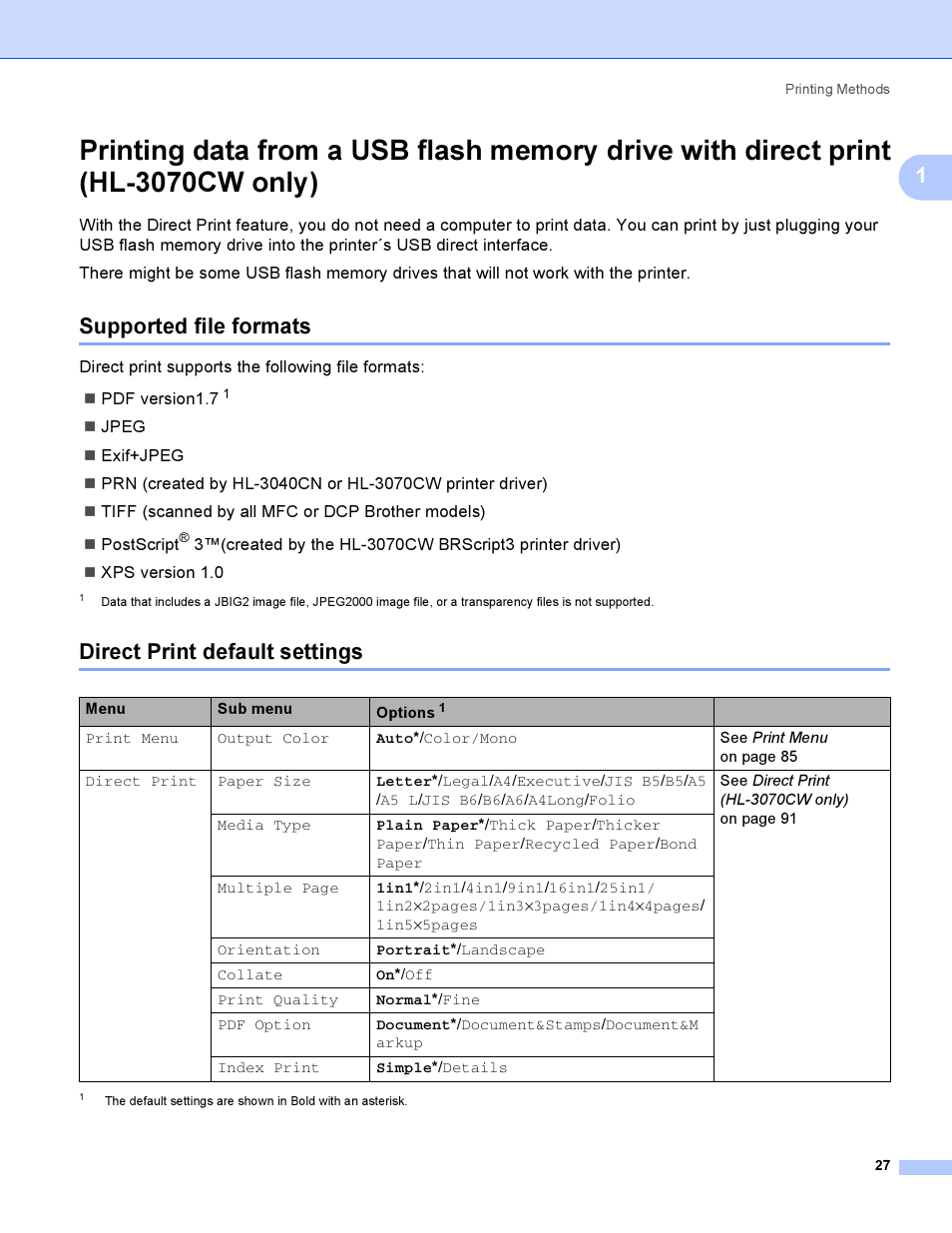 Supported file formats, Direct print default settings | Brother HL 3070CW User Manual | Page 37 / 200