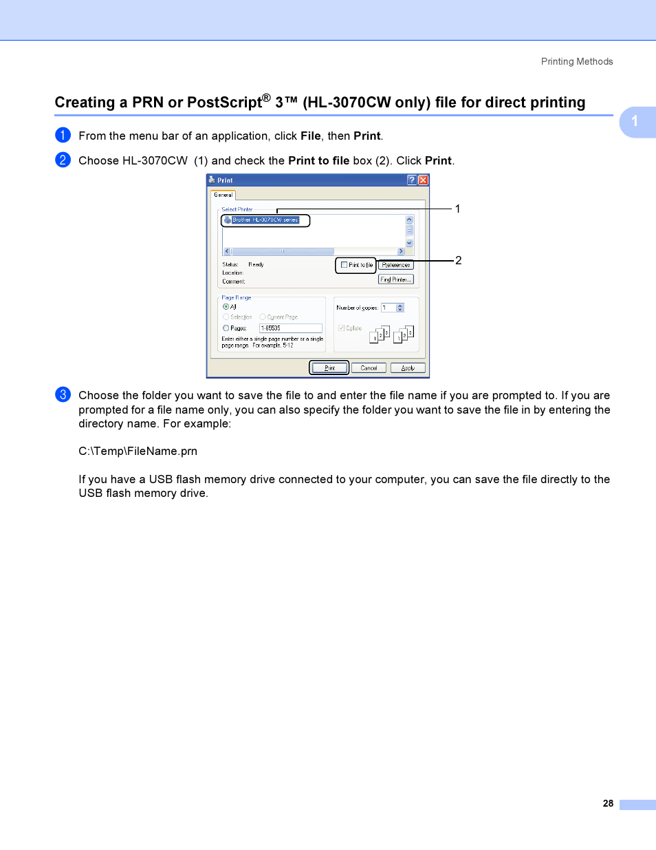 Creating a prn or postscript, 1creating a prn or postscript | Brother HL 3070CW User Manual | Page 38 / 200