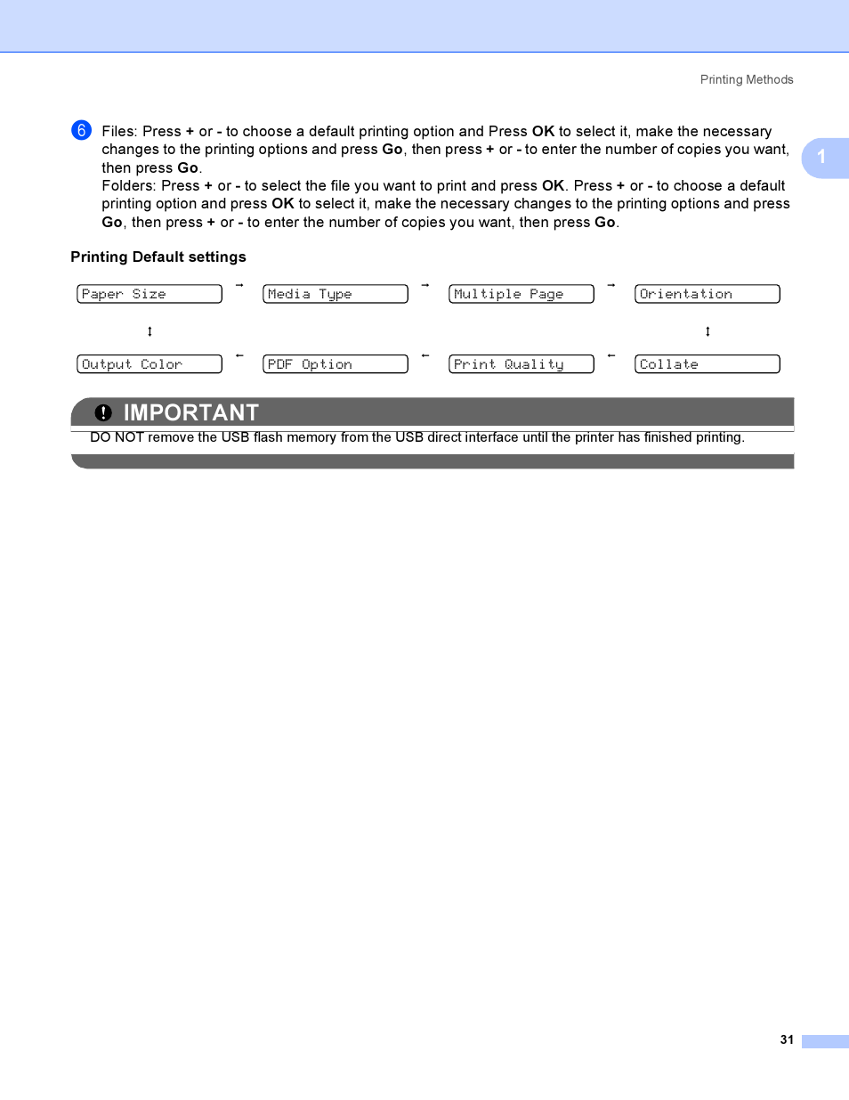 Important, Printing default settings, Paper size | Media type, Multiple page, Orientation, Output color, Pdf option, Print quality, Collate | Brother HL 3070CW User Manual | Page 41 / 200