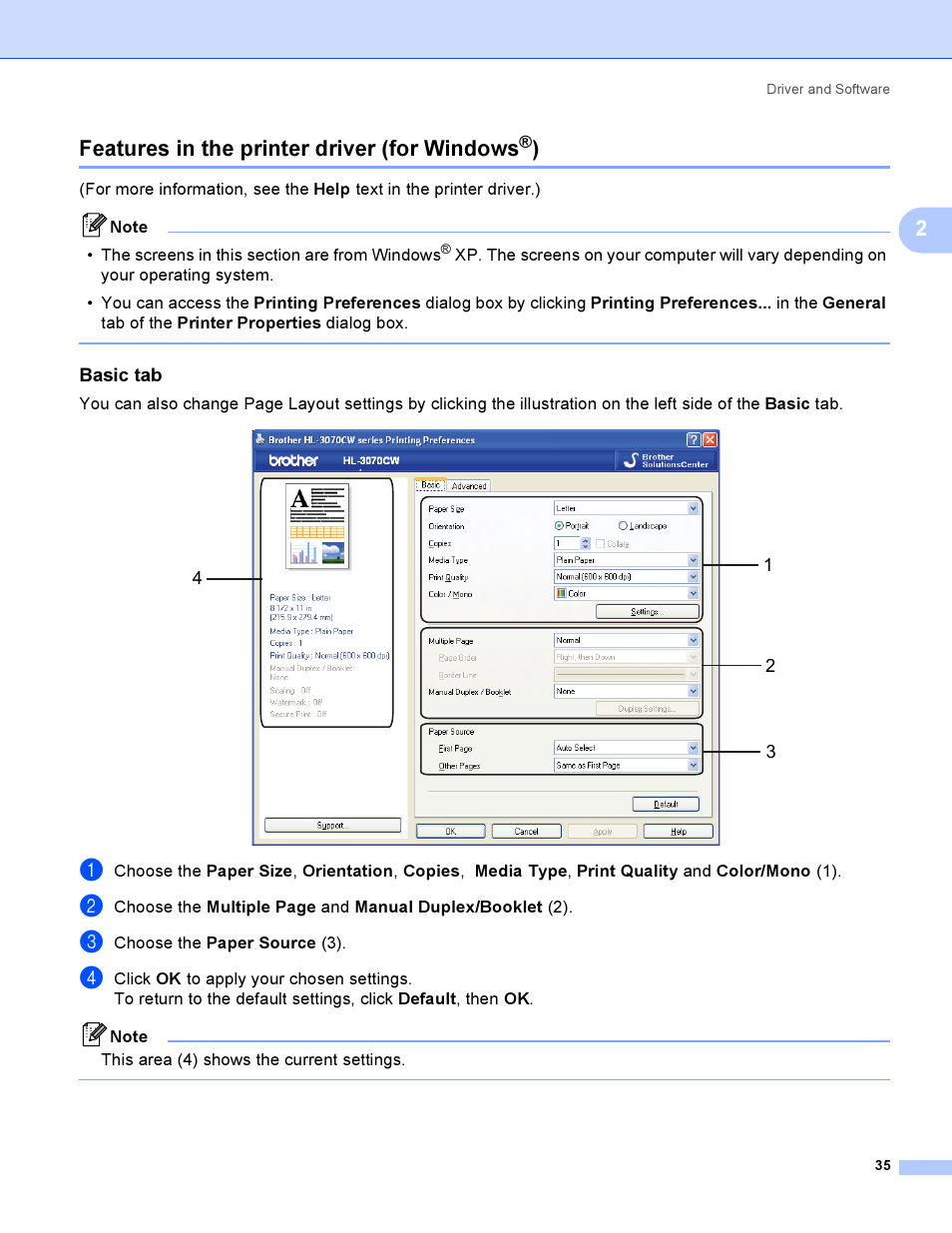 Features in the printer driver (for windows®), Basic tab, Features in the printer driver (for windows | 2features in the printer driver (for windows | Brother HL 3070CW User Manual | Page 45 / 200