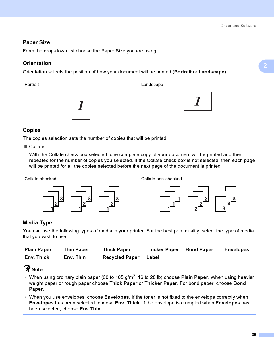 Paper size, Orientation, Copies | Media type | Brother HL 3070CW User Manual | Page 46 / 200