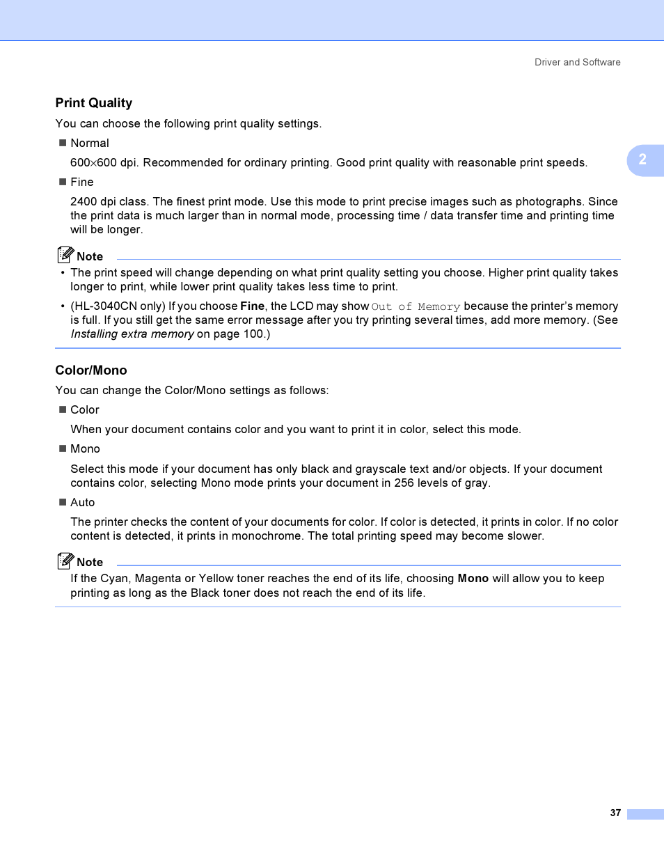 Print quality, Color/mono | Brother HL 3070CW User Manual | Page 47 / 200