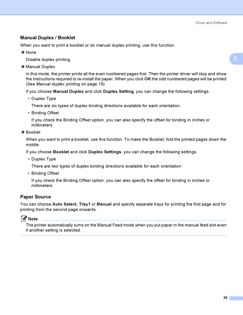 Manual duplex / booklet, Paper source | Brother HL 3070CW User Manual | Page 49 / 200
