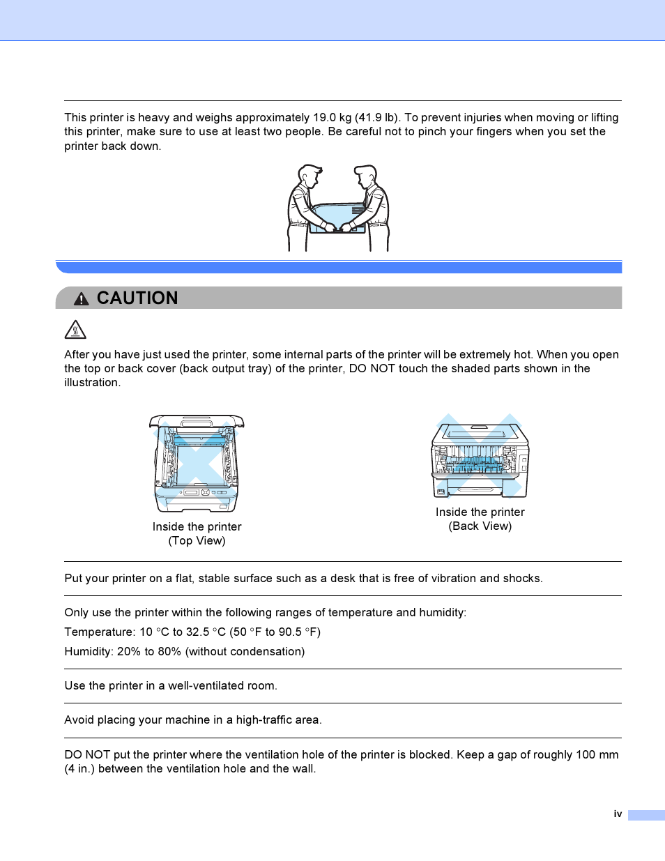 Caution, Use the printer in a well-ventilated room, Avoid placing your machine in a high-traffic area | Inside the printer (top view), Inside the printer (back view) | Brother HL 3070CW User Manual | Page 5 / 200