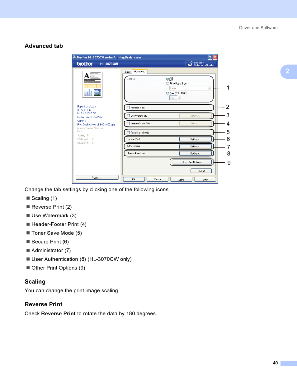 Advanced tab, Scaling, Reverse print | Brother HL 3070CW User Manual | Page 50 / 200