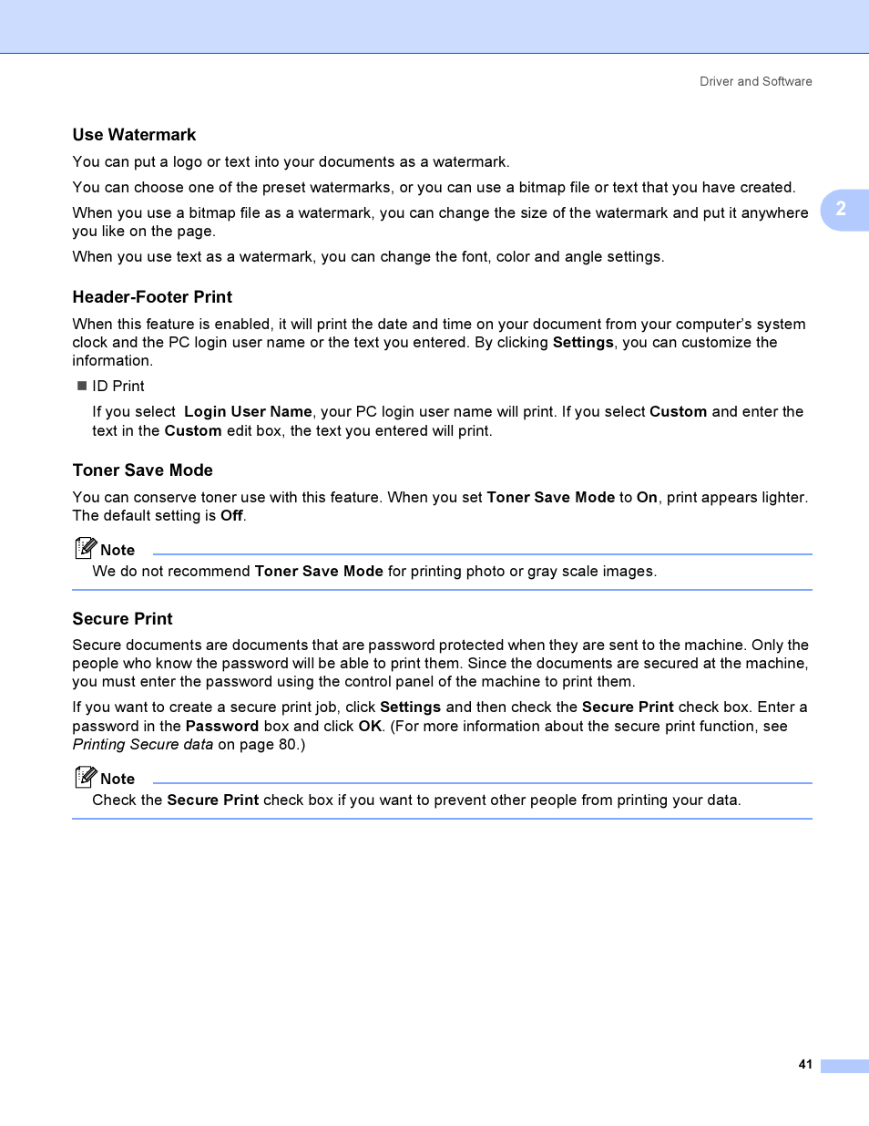 Use watermark, Header-footer print, Toner save mode | Secure print | Brother HL 3070CW User Manual | Page 51 / 200