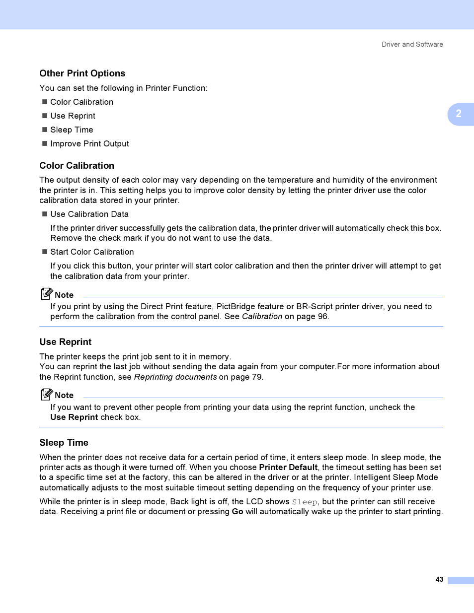 Other print options, Color calibration, Use reprint | Sleep time | Brother HL 3070CW User Manual | Page 53 / 200