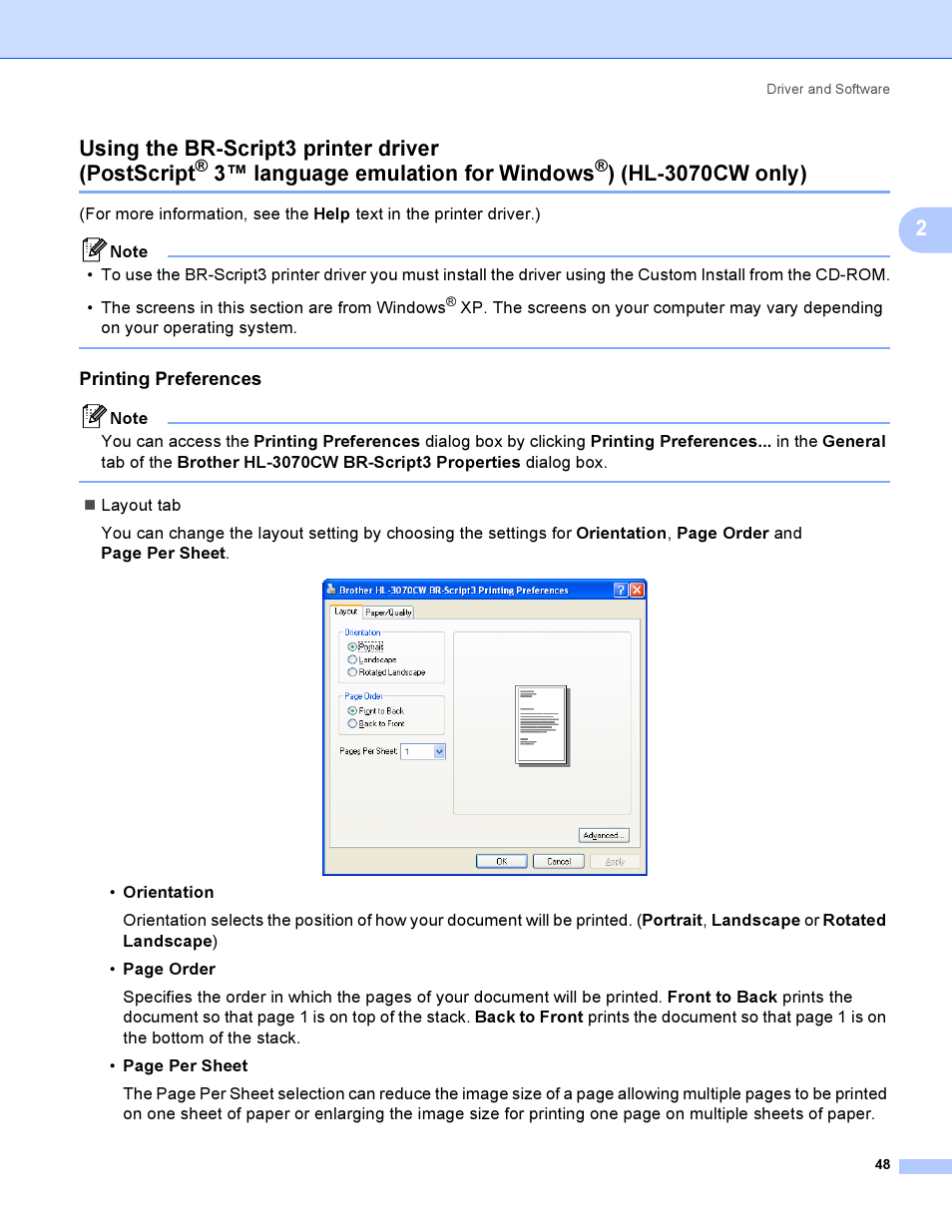 Printing preferences, Using the br-script3 printer driver, Postscript | 2using the br-script3 printer driver (postscript, 3™ language emulation for windows, Hl-3070cw only) | Brother HL 3070CW User Manual | Page 58 / 200