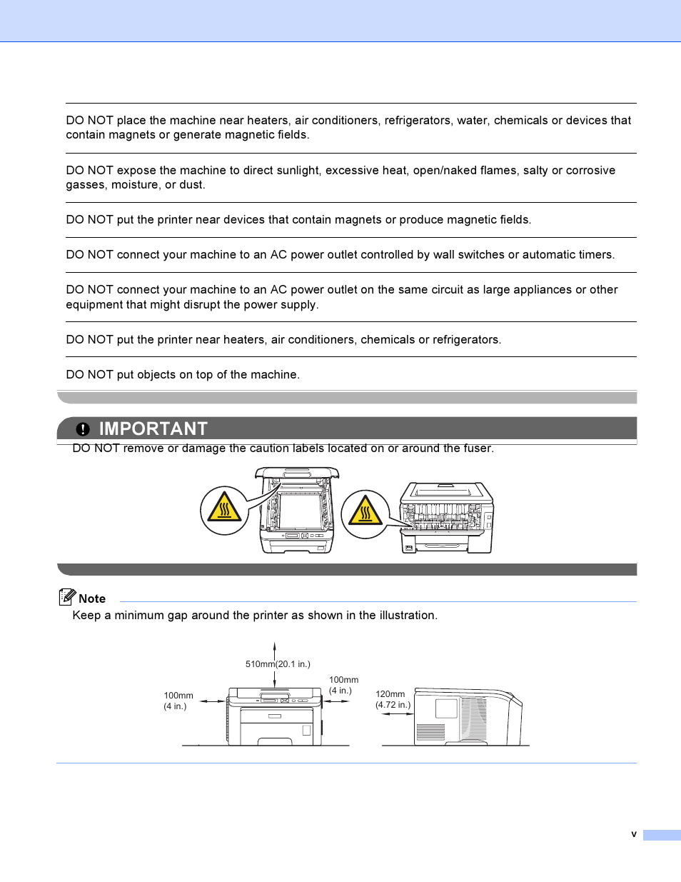 Important, Do not put objects on top of the machine | Brother HL 3070CW User Manual | Page 6 / 200