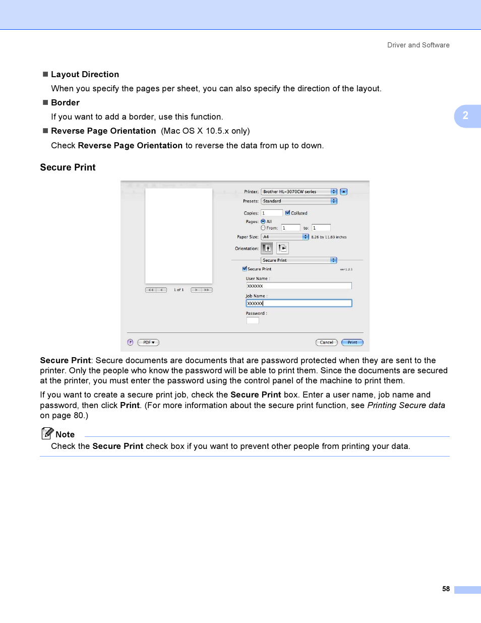 Secure print | Brother HL 3070CW User Manual | Page 68 / 200