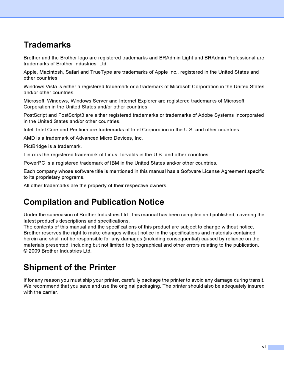 Trademarks, Compilation and publication notice, Shipment of the printer | Brother HL 3070CW User Manual | Page 7 / 200