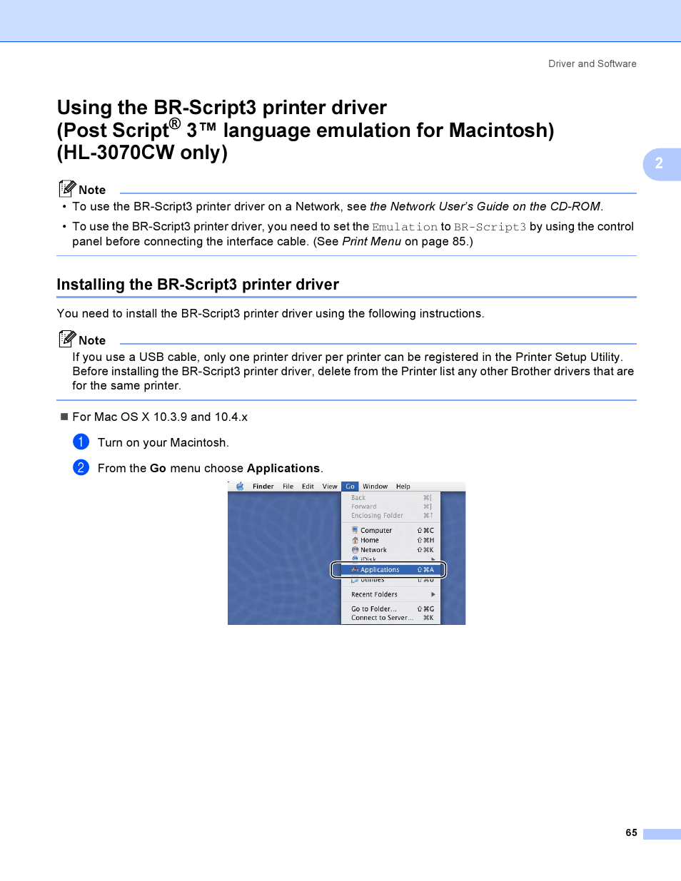 Installing the br-script3 printer driver, Using the br-script3 printer driver, Post script | Using the br-script3 printer driver (post script | Brother HL 3070CW User Manual | Page 75 / 200