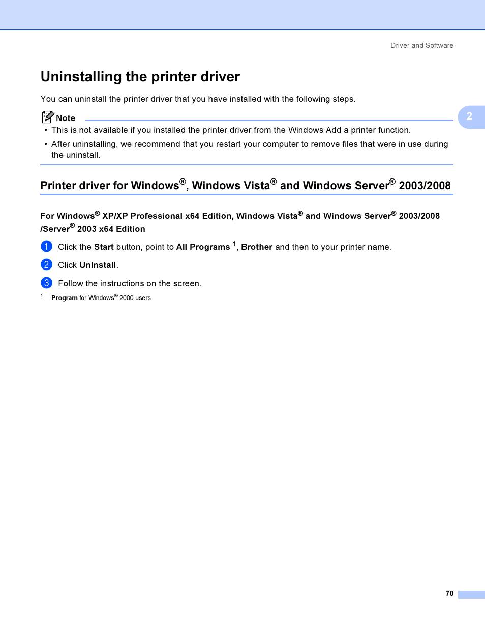 Uninstalling the printer driver, Printer driver for windows, Windows vista | And windows server | Brother HL 3070CW User Manual | Page 80 / 200