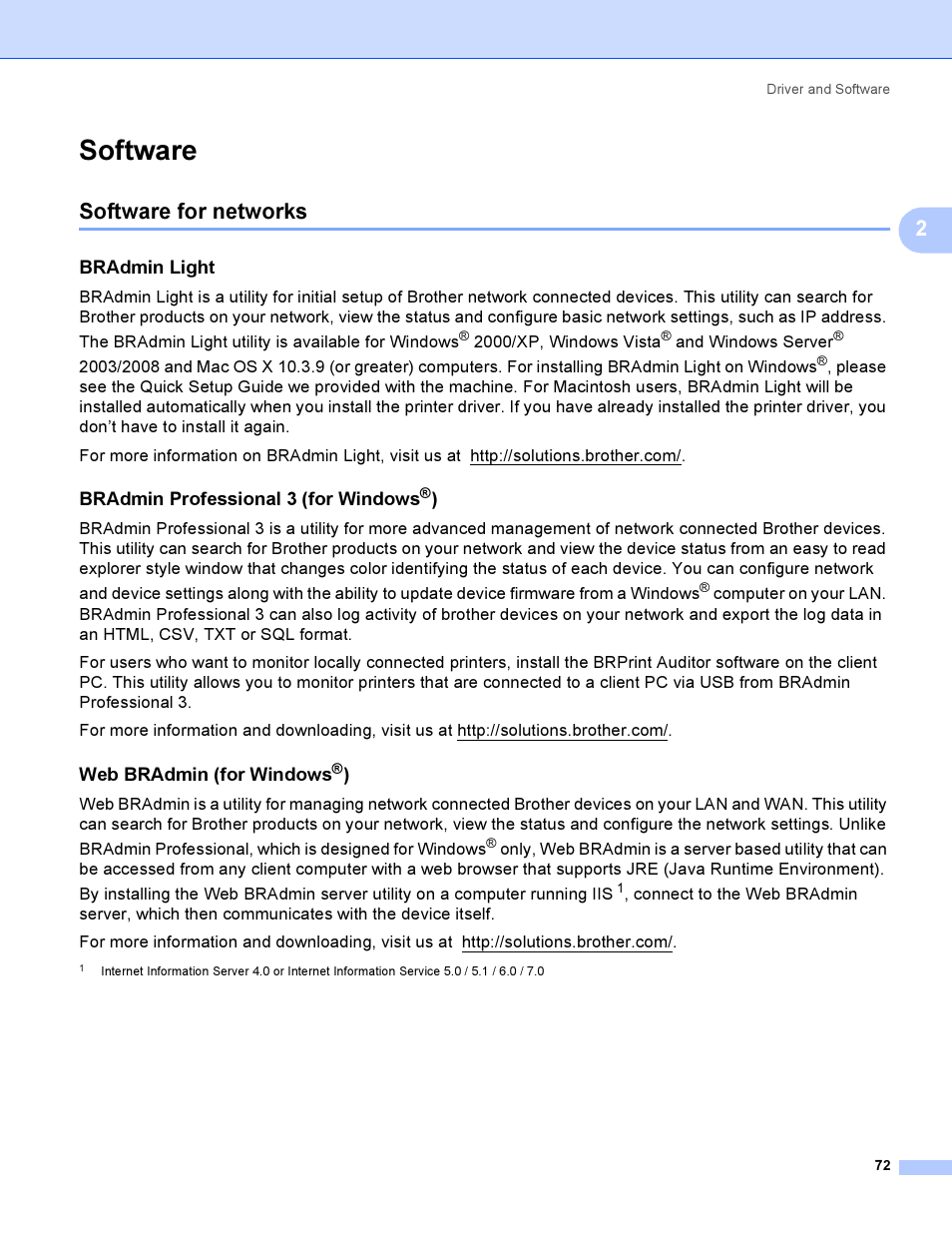 Software, Software for networks, Bradmin light | Bradmin professional 3 (for windows®), Web bradmin (for windows®), Bradmin professional 3 (for windows, Web bradmin (for windows | Brother HL 3070CW User Manual | Page 82 / 200