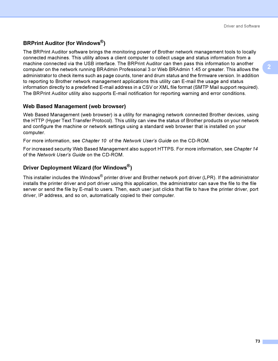 Brprint auditor (for windows®), Web based management (web browser), Driver deployment wizard (for windows®) | Brprint auditor (for windows, Driver deployment wizard (for windows | Brother HL 3070CW User Manual | Page 83 / 200